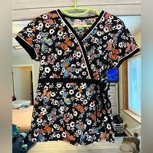 Koi by Kathy Peterson size small scrub top. Flowers and butterflies